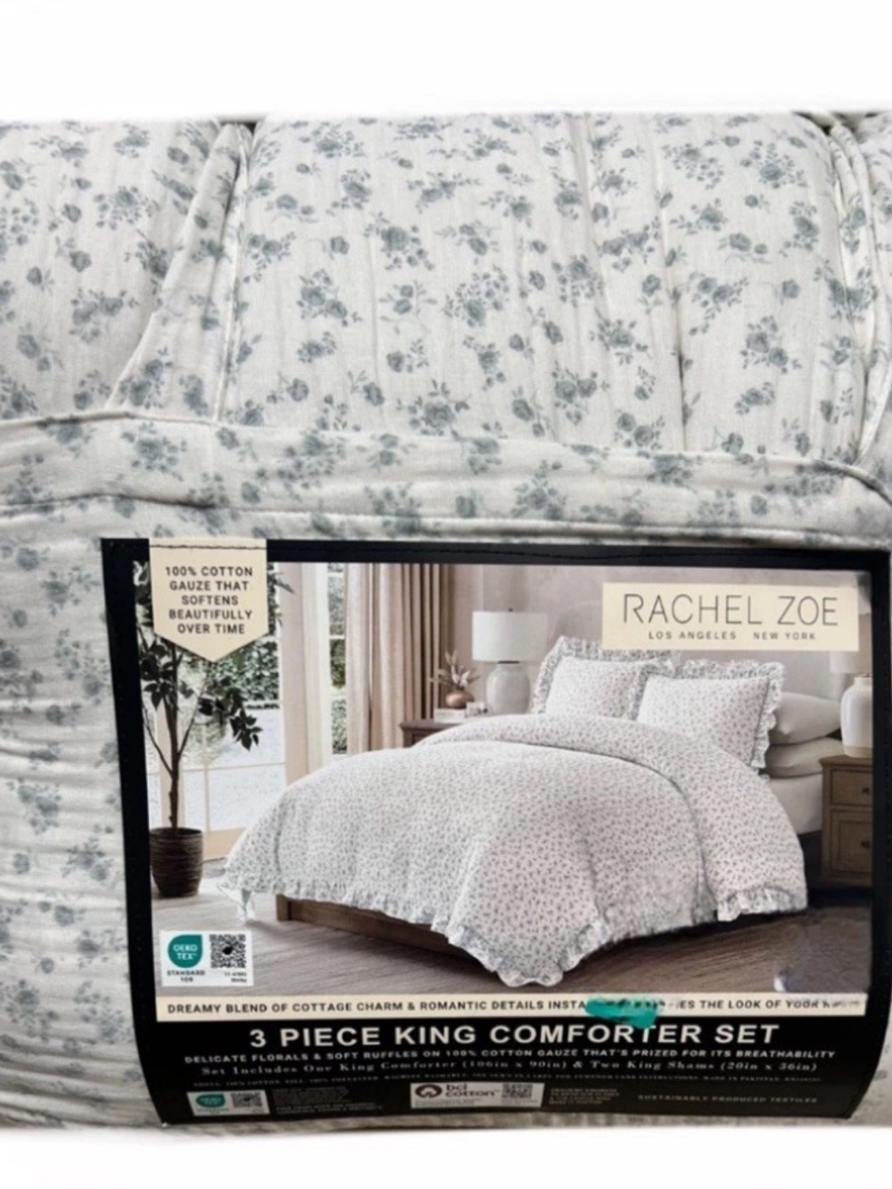 Rachel Zoe Florals and Soft Ruffles on Cotton Gauze King Comforter Set 106”x90”